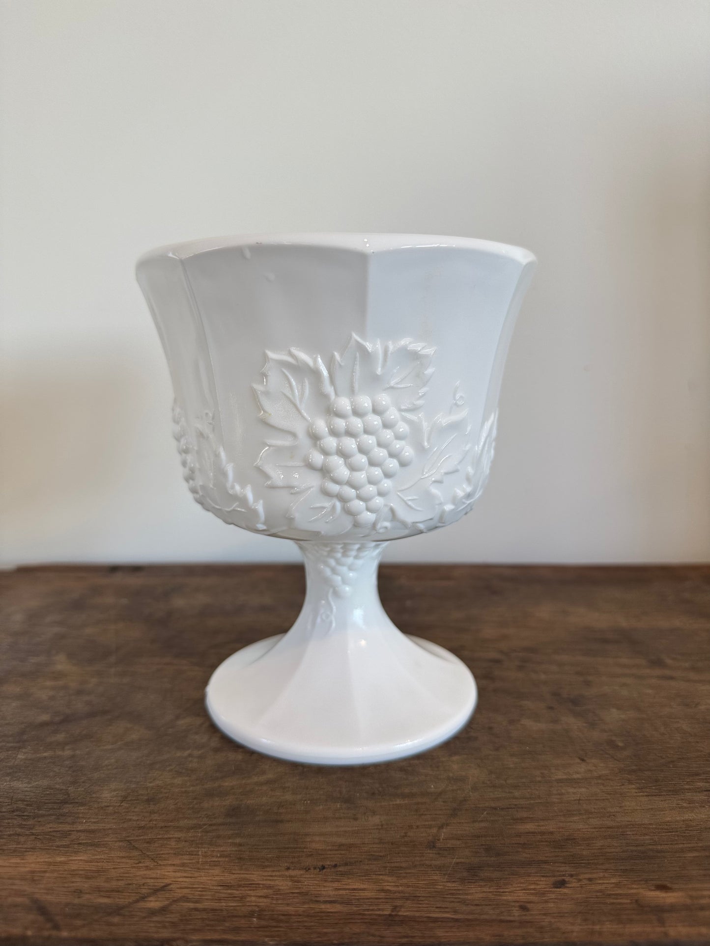 Indiana Glass Colony Harvest Milk Glass Compote Dish I Grape & Leaf I 1960