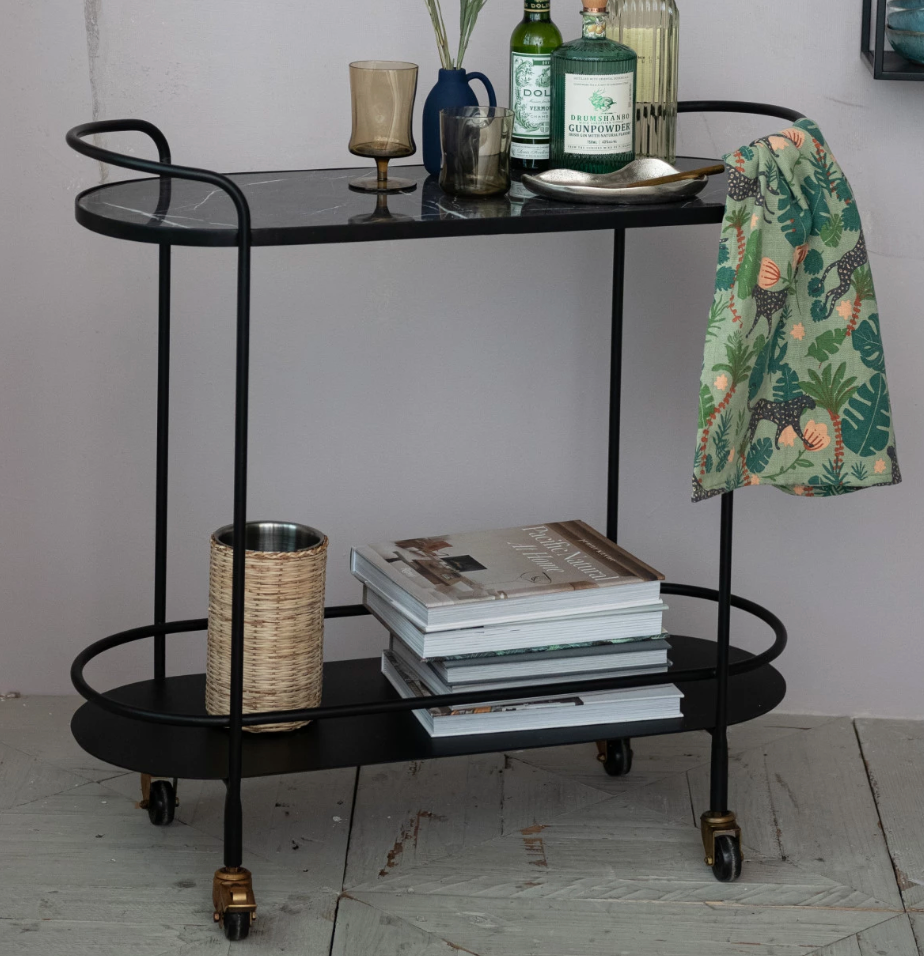 Metal & Marbled 2-Tier Bar Cart on Casters, Matte Black