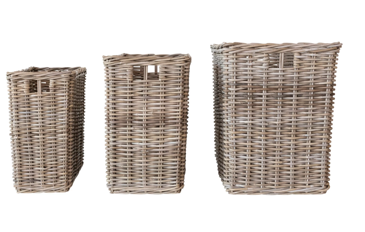 Woven Wicker Rattan Baskets w/ Handles, Set of 3