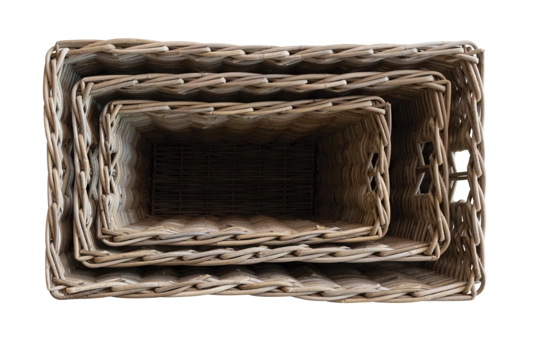 Woven Wicker Rattan Baskets w/ Handles, Set of 3