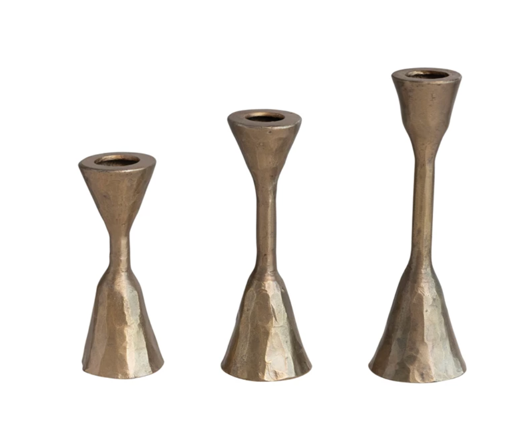Hand-Forged Iron Taper Holders, Antique Brass Finish, Set of 3