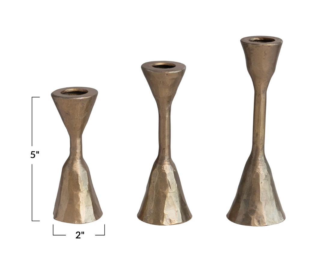 Hand-Forged Iron Taper Holders, Antique Brass Finish, Set of 3