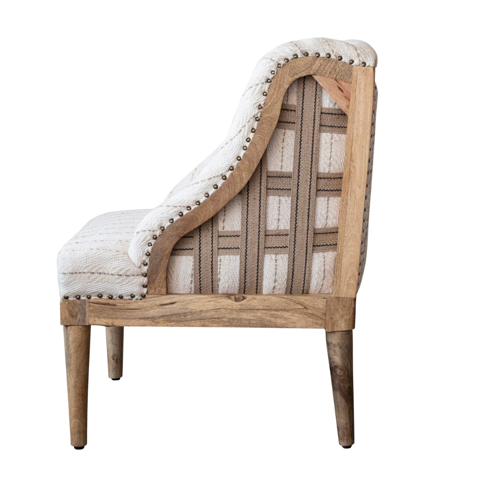 Woven Cotton Upholstered Striped Chair w/ Mango Wood Legs