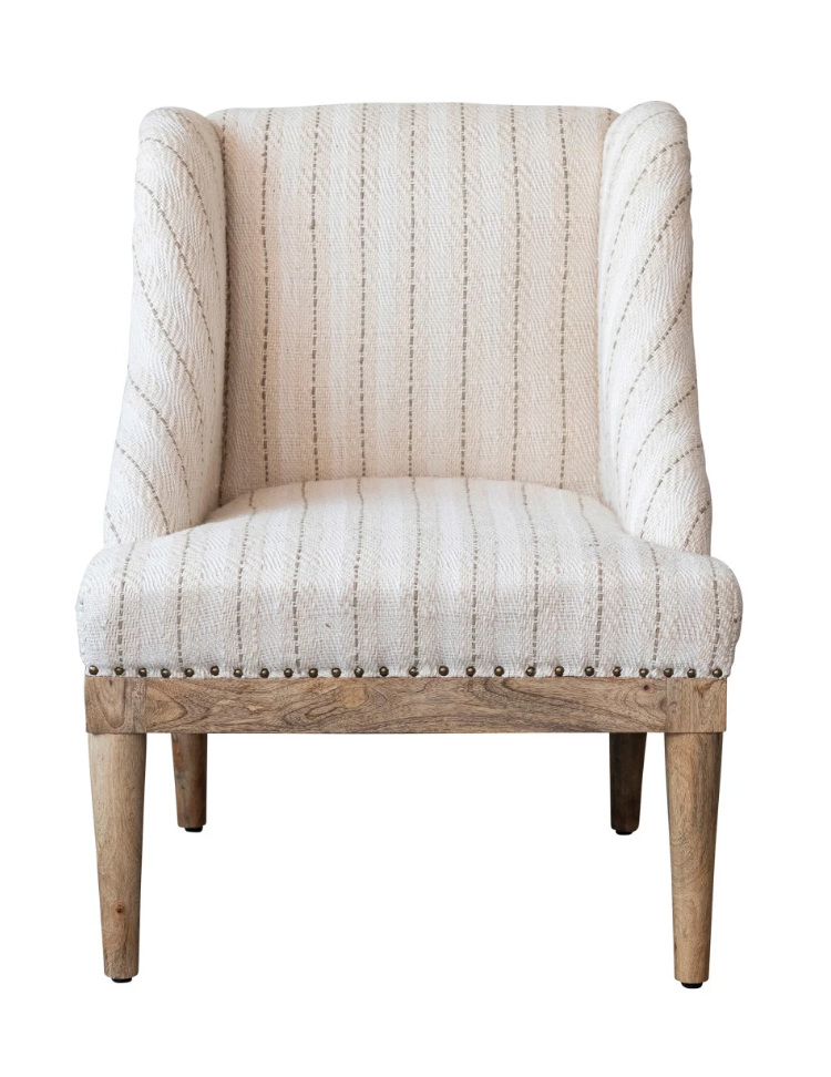 Woven Cotton Upholstered Striped Chair w/ Mango Wood Legs