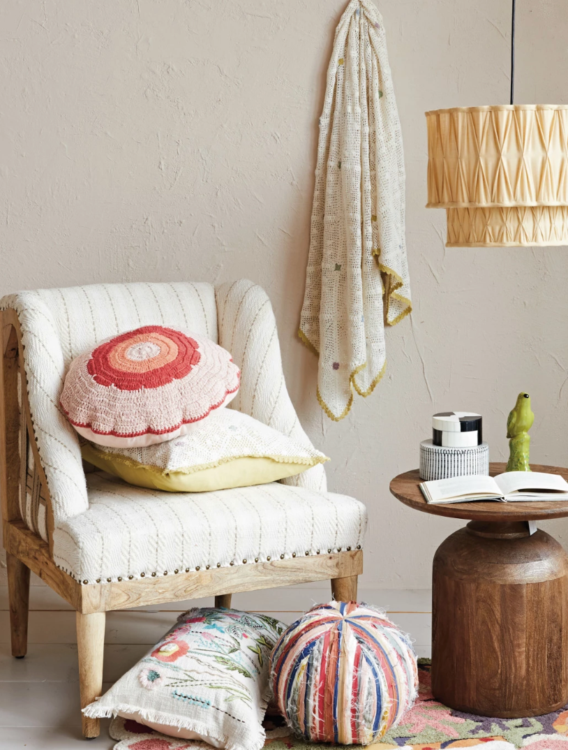 Woven Cotton Upholstered Striped Chair w/ Mango Wood Legs