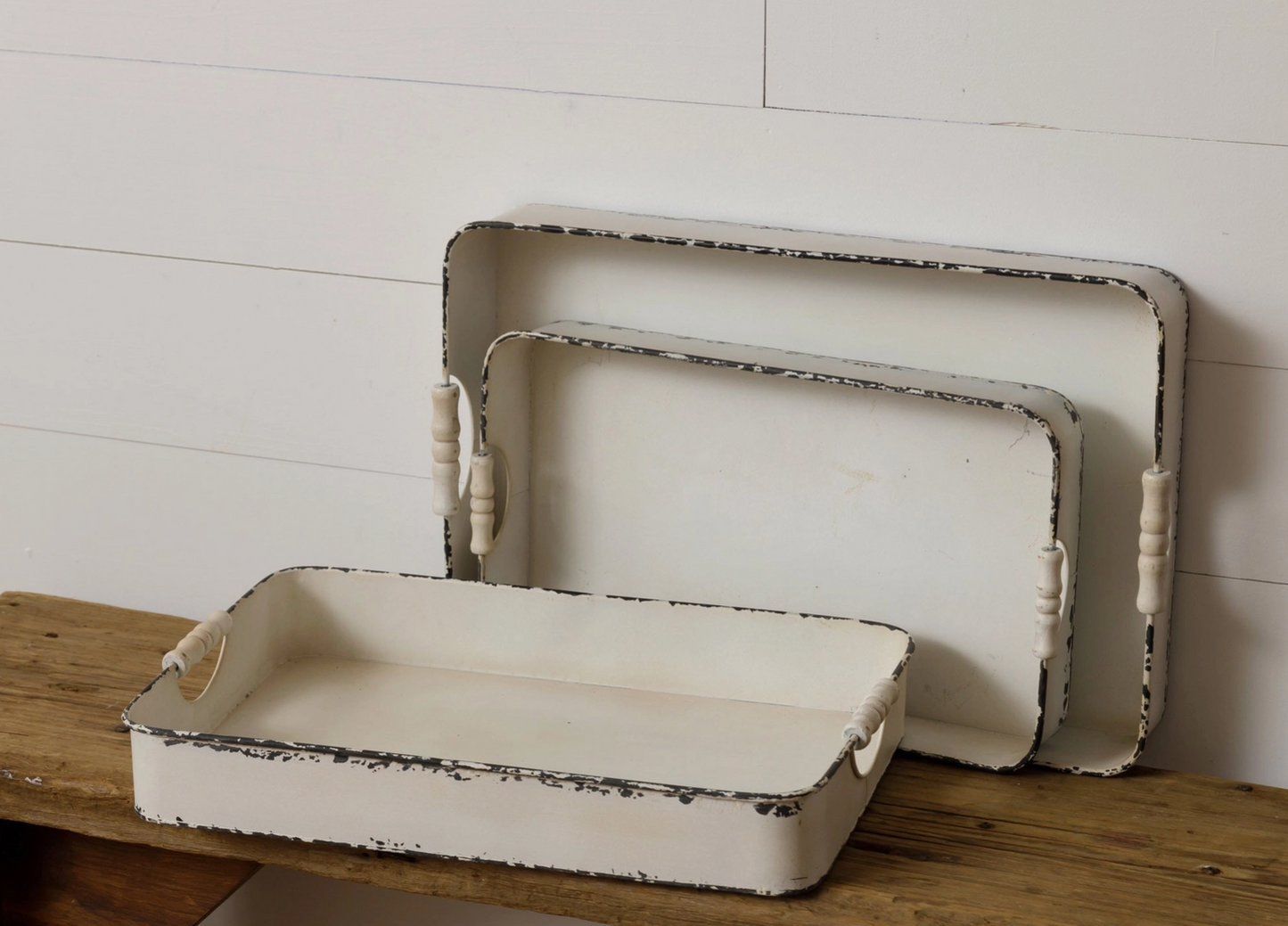 Distressed White Metal Trays (Set of 3)
