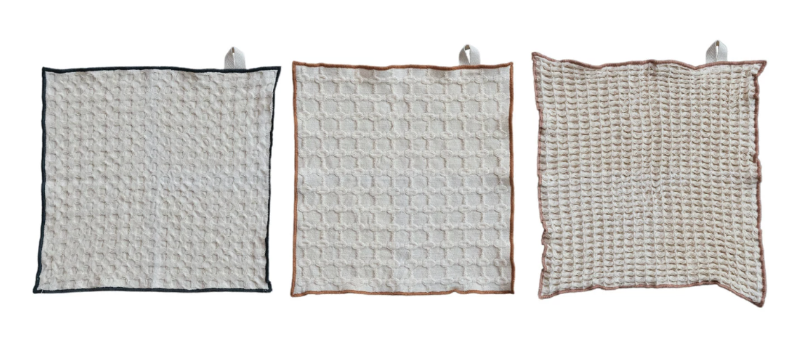 Square Cotton Waffle Weave Dish Cloths w/ Colored Edge, Set of 3