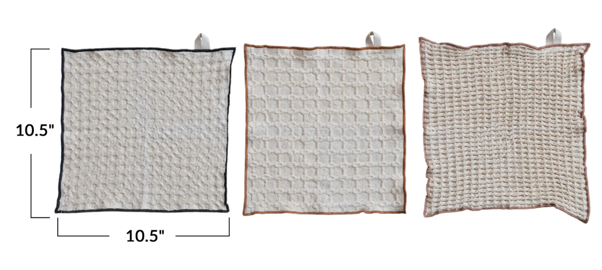 Square Cotton Waffle Weave Dish Cloths w/ Colored Edge, Set of 3