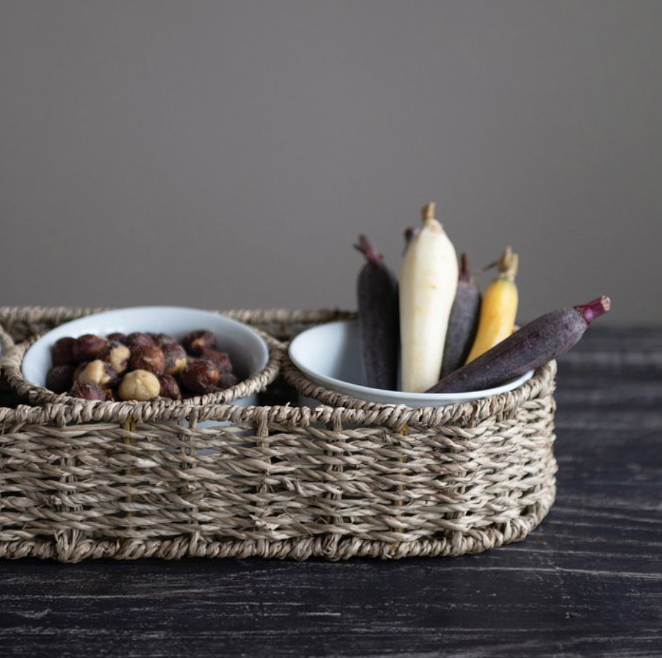 Hand-Woven Seagrass Basket with 6 oz. Ceramic Bowls