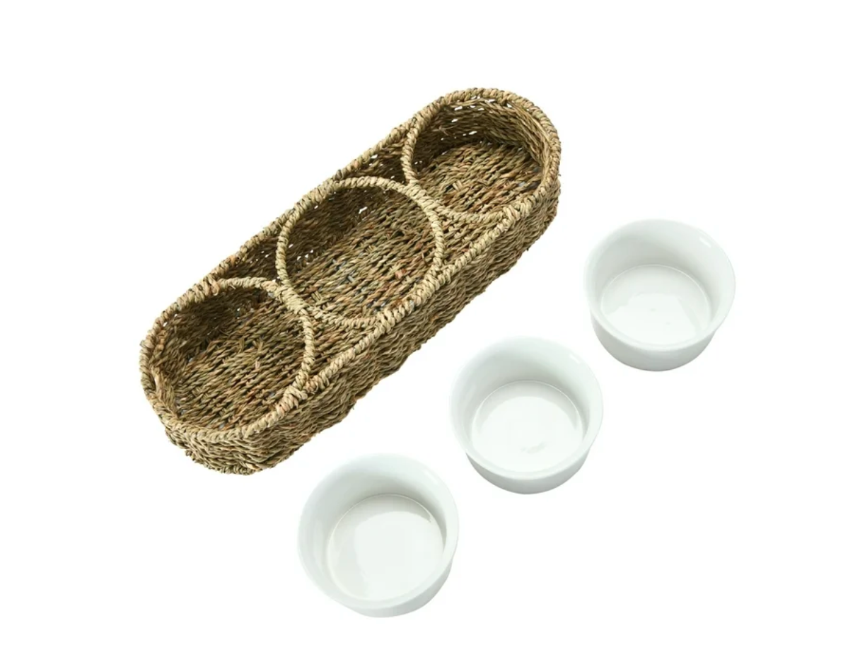 Hand-Woven Seagrass Basket with 6 oz. Ceramic Bowls
