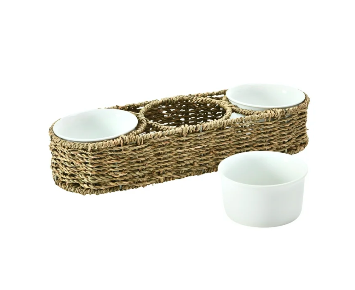 Hand-Woven Seagrass Basket with 6 oz. Ceramic Bowls