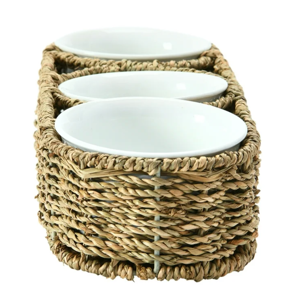Hand-Woven Seagrass Basket with 6 oz. Ceramic Bowls