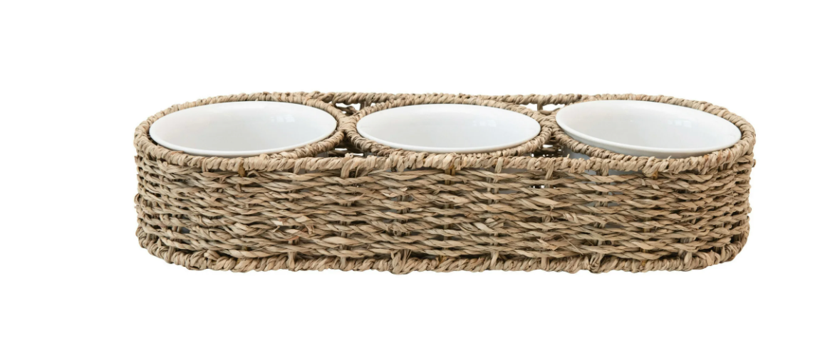 Hand-Woven Seagrass Basket with 6 oz. Ceramic Bowls