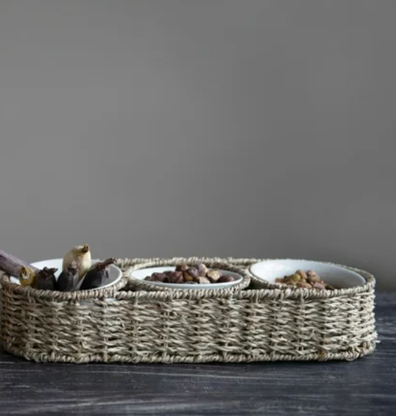 Hand-Woven Seagrass Basket with 6 oz. Ceramic Bowls