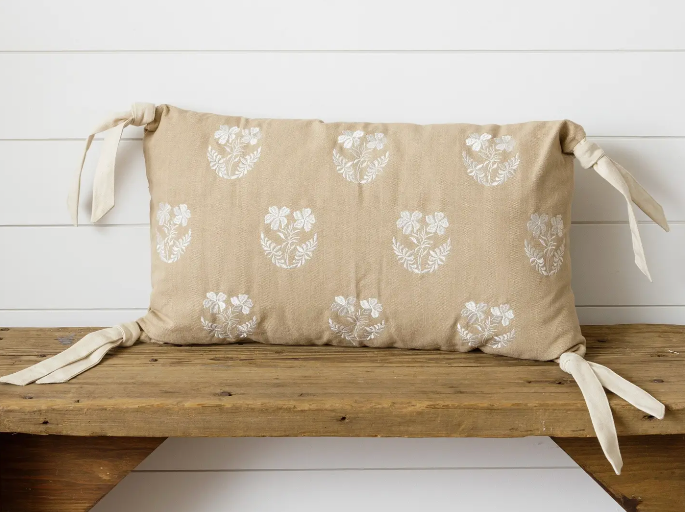 Embroidered Floral Silhouette Pillow with Corner Ties