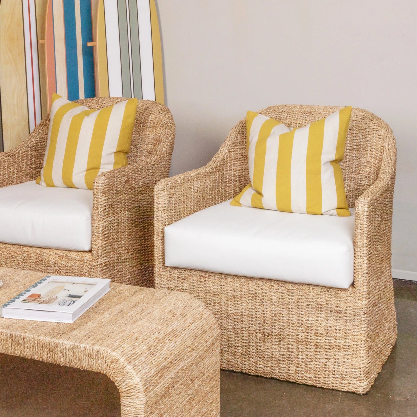 Woven Water Hyacinth & Acacia Wood Chair w/ Removable Cushion