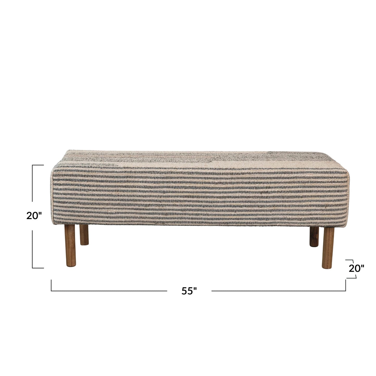Woven Jute & Cotton Dhurrie Upholstered Striped Bench w/ Oak Wood Legs