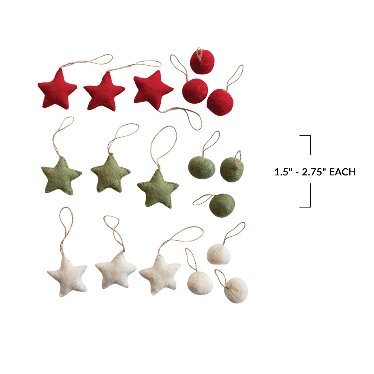 Handmade Wool Felt Ball/ Star Ornaments in Kraft Box, Set of 18