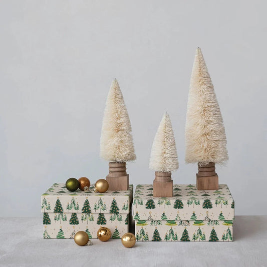 Sisal Bottle Brush Tree w/ Carved Wood Base, Cream Color