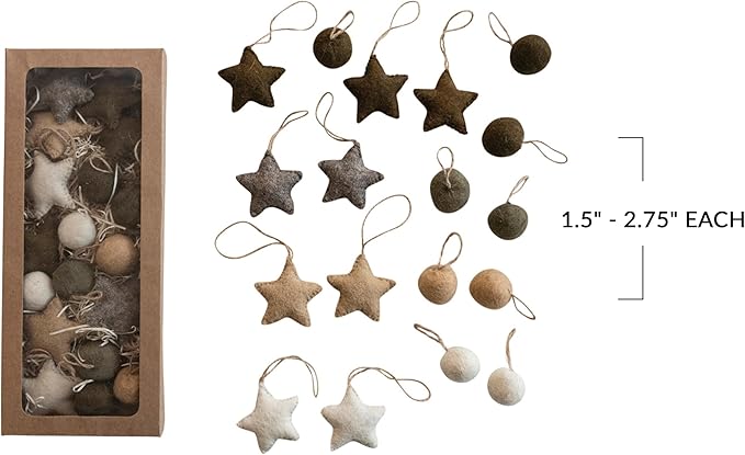 Handmade Wool Felt Ball/ Star Ornaments in Kraft Box, Set of 18