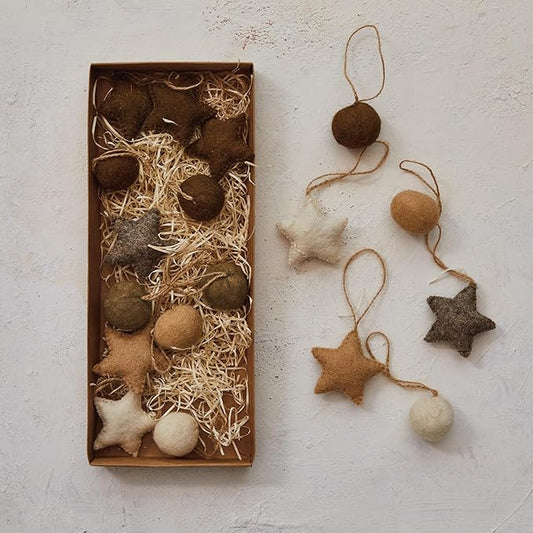 Handmade Wool Felt Ball/ Star Ornaments in Kraft Box, Set of 18