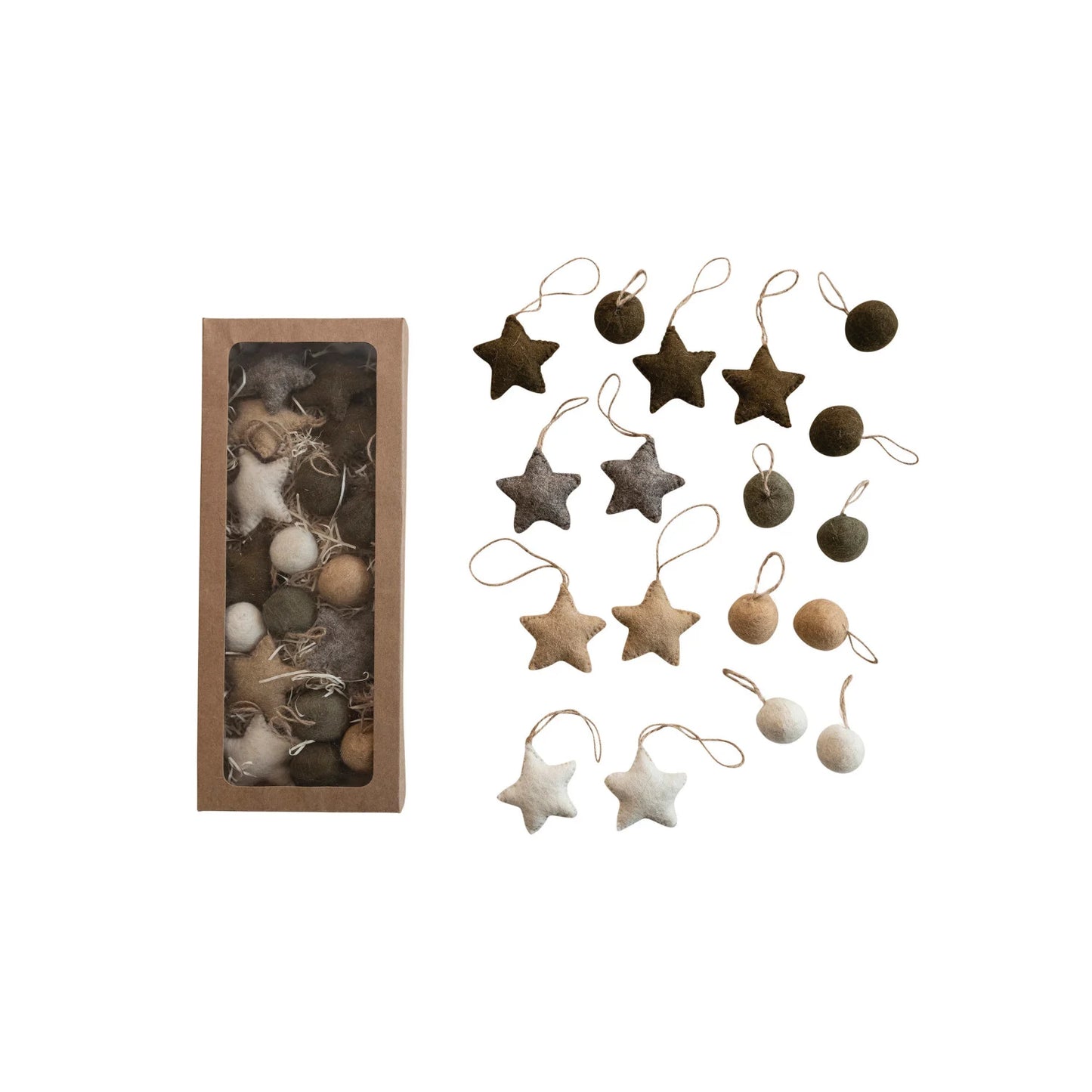 Handmade Wool Felt Ball/ Star Ornaments in Kraft Box, Set of 18