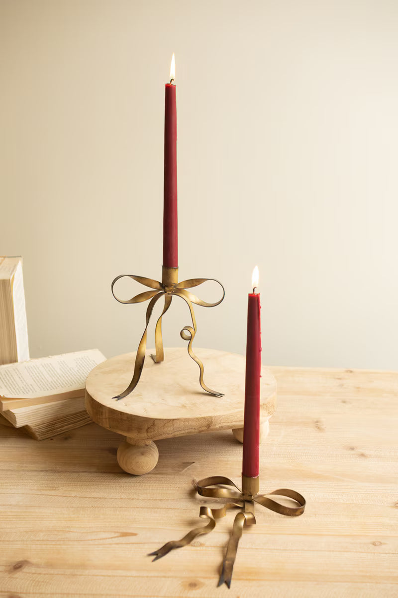 Set of 2 Antique Brass Bow Taper Candle Holders