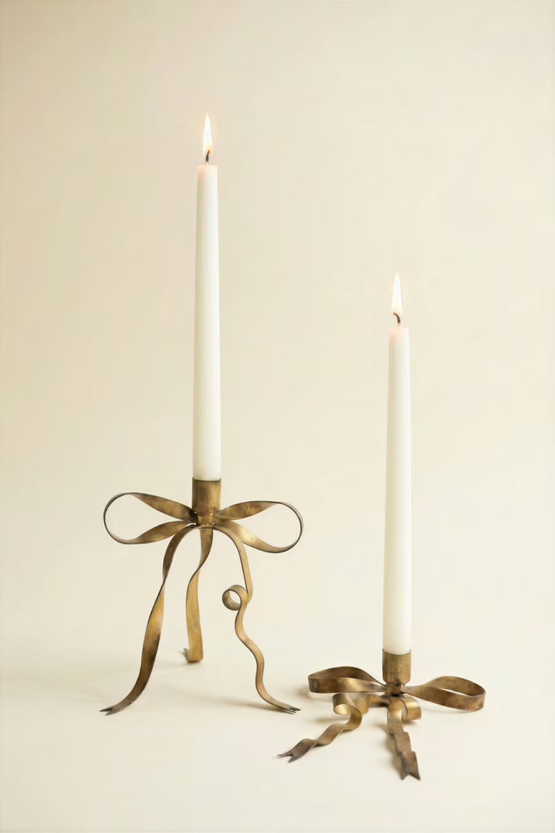 Set of 2 Antique Brass Bow Taper Candle Holders