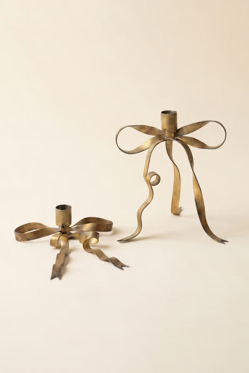 Set of 2 Antique Brass Bow Taper Candle Holders