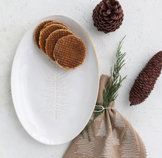 Stoneware Debossed Platter w/ Tree Design