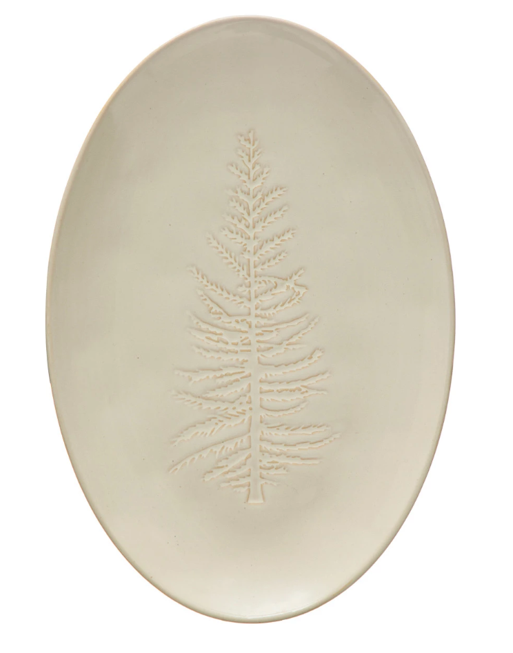 Stoneware Debossed Platter w/ Tree Design