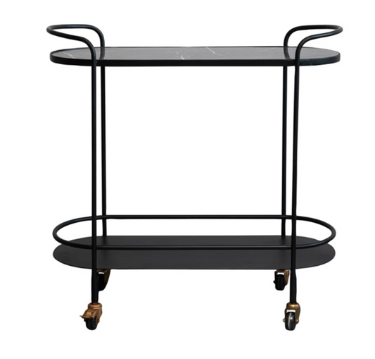 Metal & Marbled 2-Tier Bar Cart on Casters, Matte Black