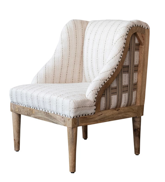 Woven Cotton Upholstered Striped Chair w/ Mango Wood Legs