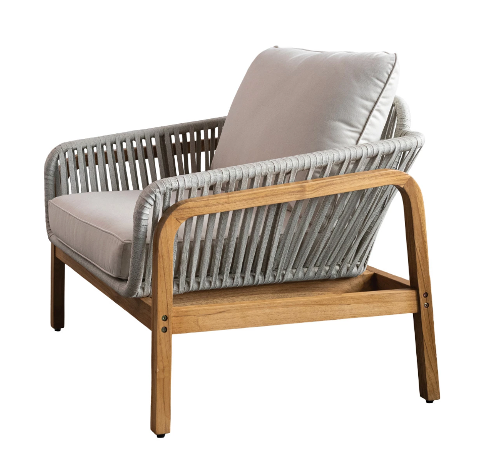 Teakwood & Rope Wrapped Metal Indoor/Outdoor Chair with Cushions (SET OF 2)