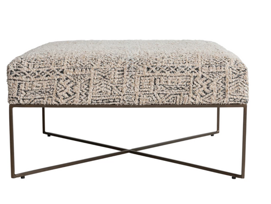 Metal & Woven Damask Upholstered Ottoman, Antique Brass Finish