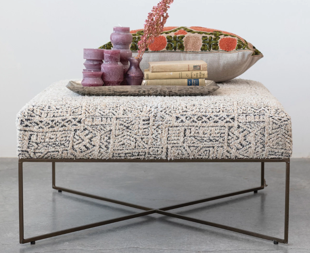 Metal & Woven Damask Upholstered Ottoman, Antique Brass Finish