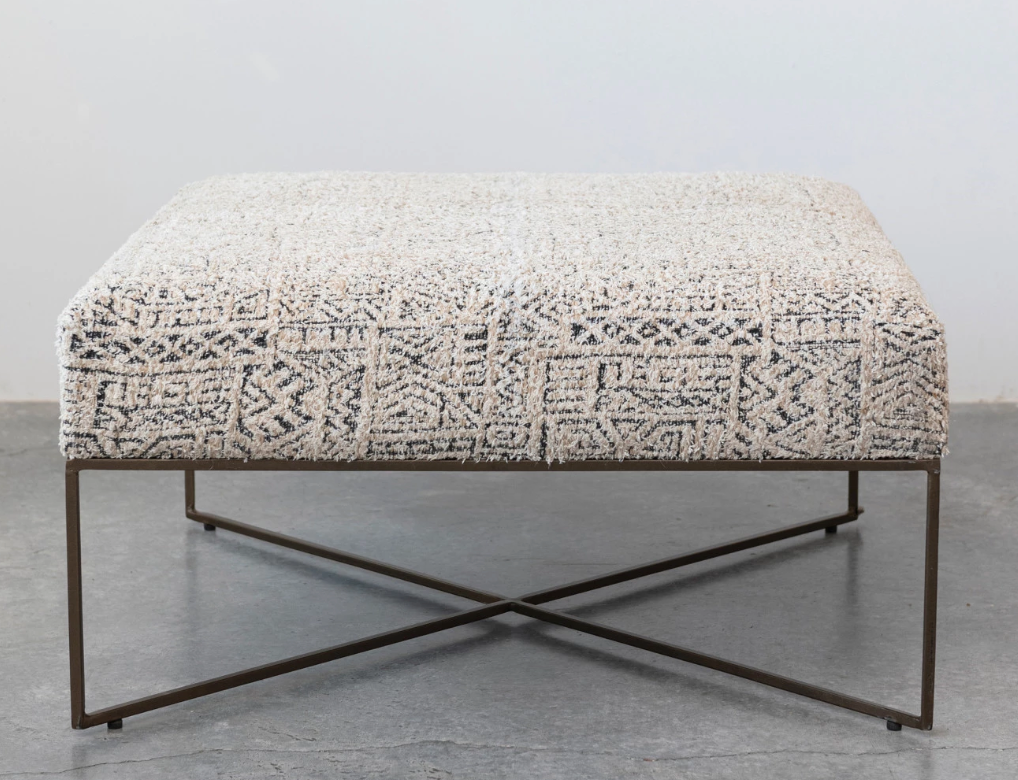 Metal & Woven Damask Upholstered Ottoman, Antique Brass Finish