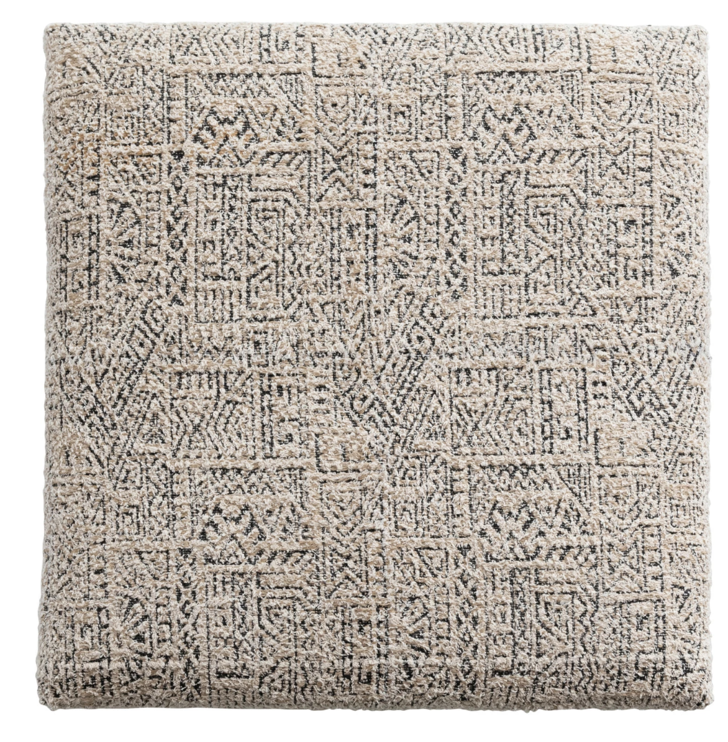 Metal & Woven Damask Upholstered Ottoman, Antique Brass Finish
