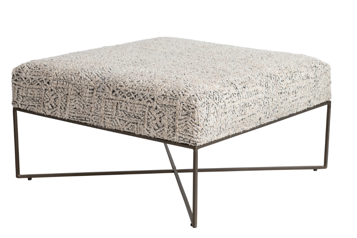 Metal & Woven Damask Upholstered Ottoman, Antique Brass Finish