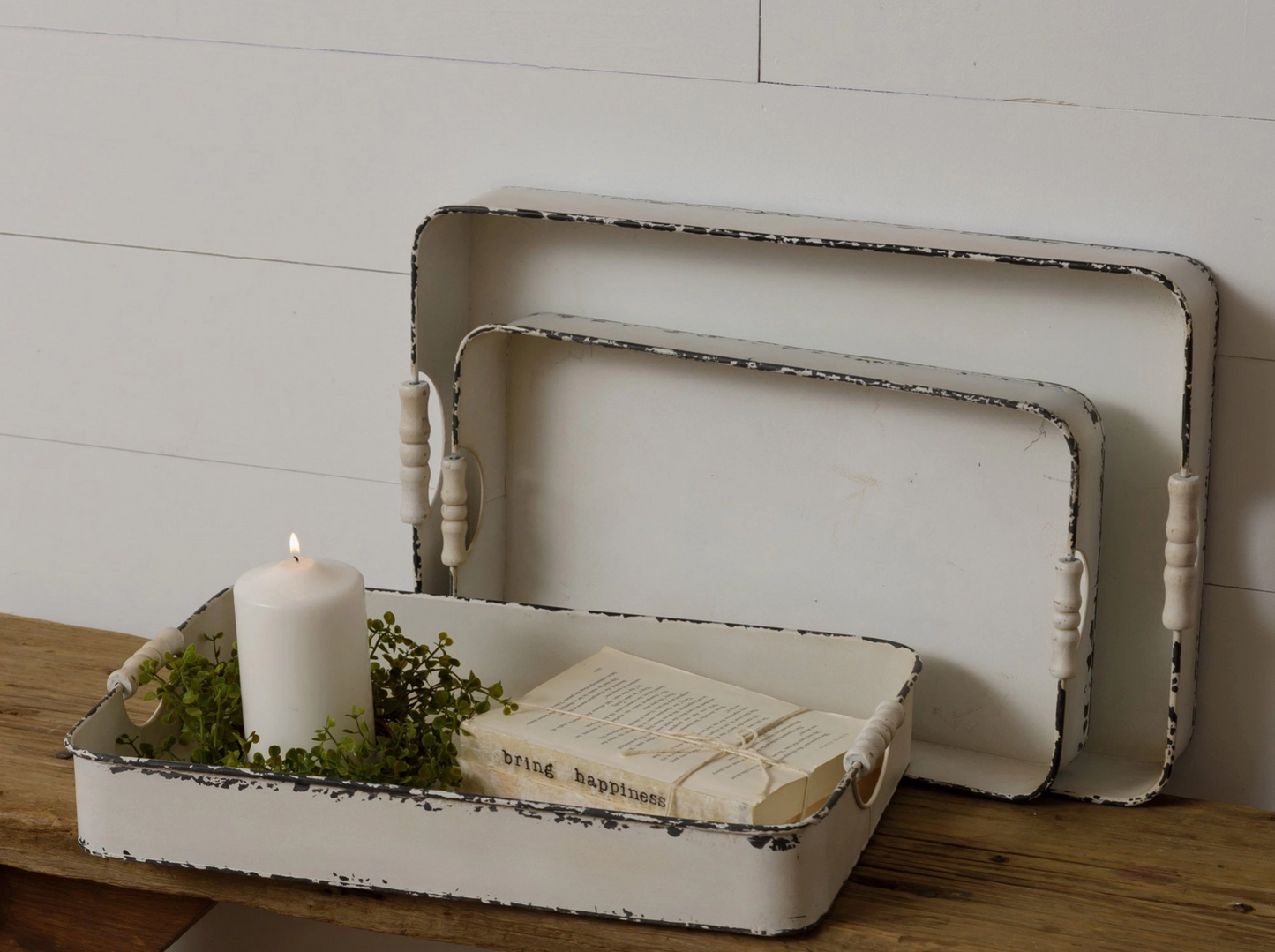 Distressed White Metal Trays (Set of 3)