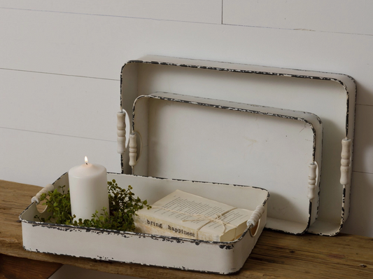 Distressed White Metal Trays (Set of 3)