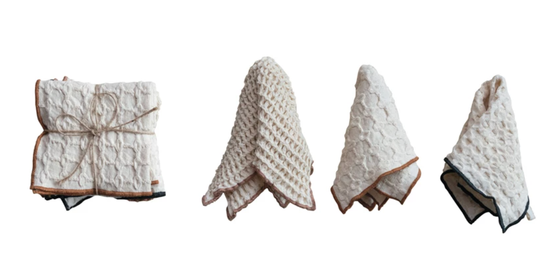 Square Cotton Waffle Weave Dish Cloths w/ Colored Edge, Set of 3
