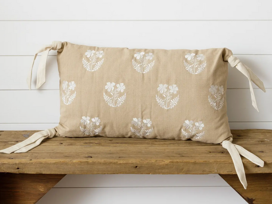 Embroidered Floral Silhouette Pillow with Corner Ties
