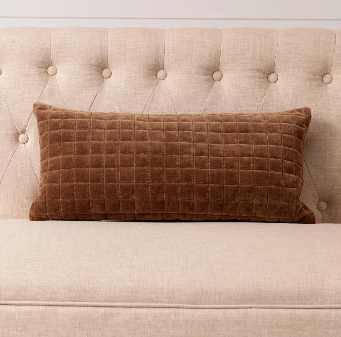 Quilted Velvet Lumbar Pillow – Brown Coffee