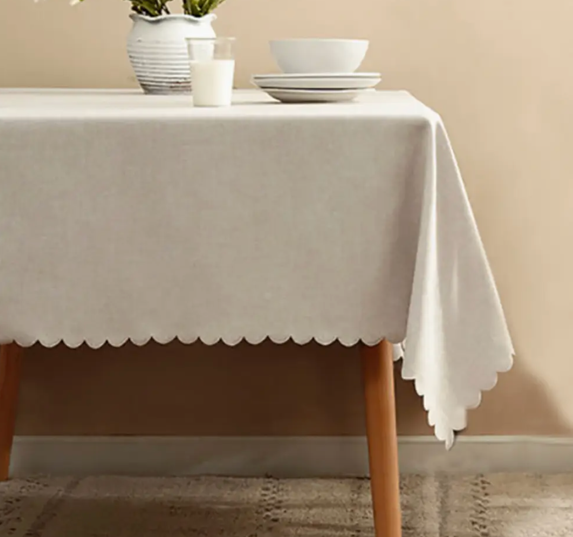 Beige Scalloped Border Wrinkle-Free Tablecloth
