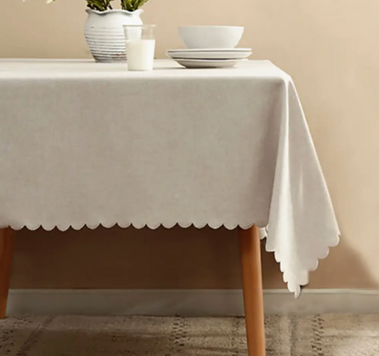 Beige Scalloped Border Wrinkle-Free Tablecloth
