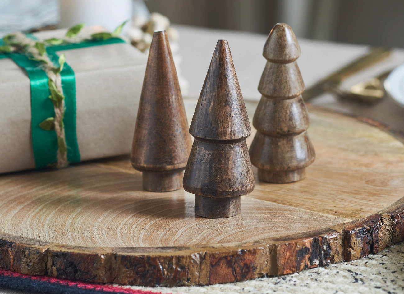 Conical Dark Wooden Tree Set of 3 - 3.25x1.25x1.25