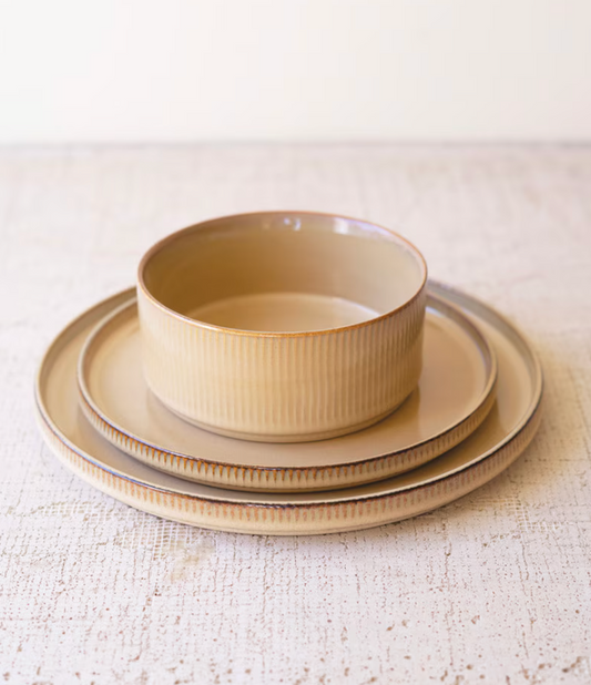 Set of 3 Kahki Ceramic Dinner Salad Bowls w/ Ridges