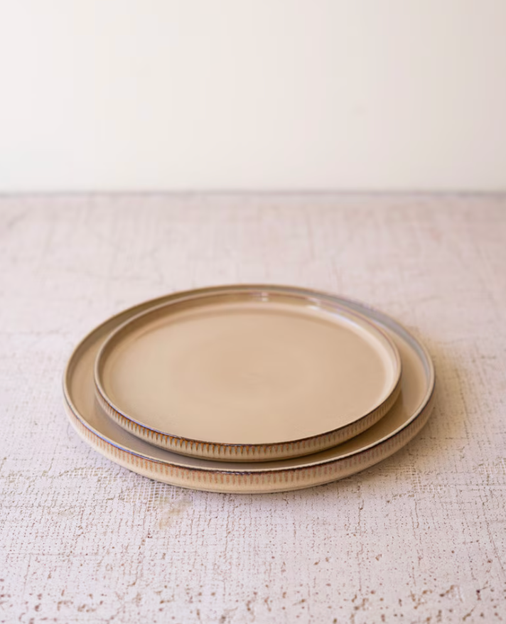 Set of 3 Kahki Ceramic Dinner Salad Bowls w/ Ridges