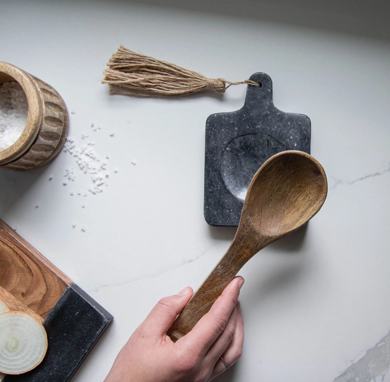 Black & White Marble Paddle Spoon Rest with Jute Tassel